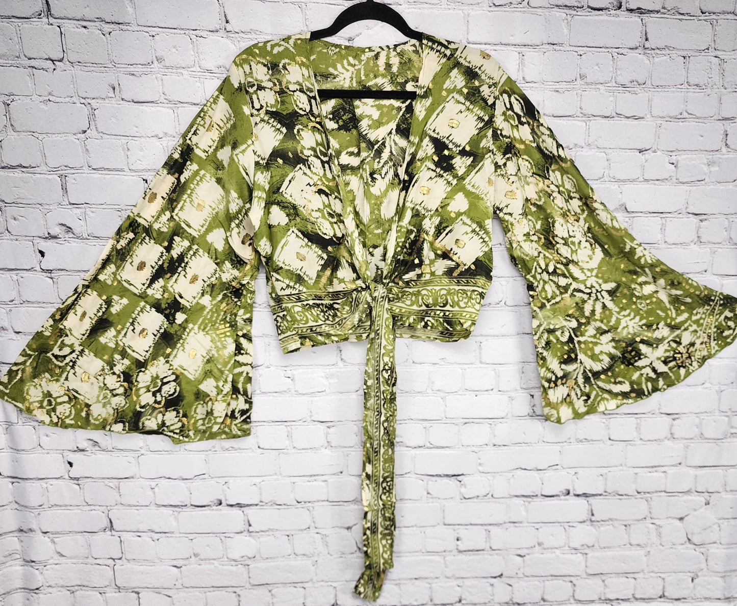 Boho Silk Wrap Crop Top/Bell Sleeve Crop Top/Tie front bell sleeve top/festival crop top/front tie front or back crop/Beach top/ Party Top