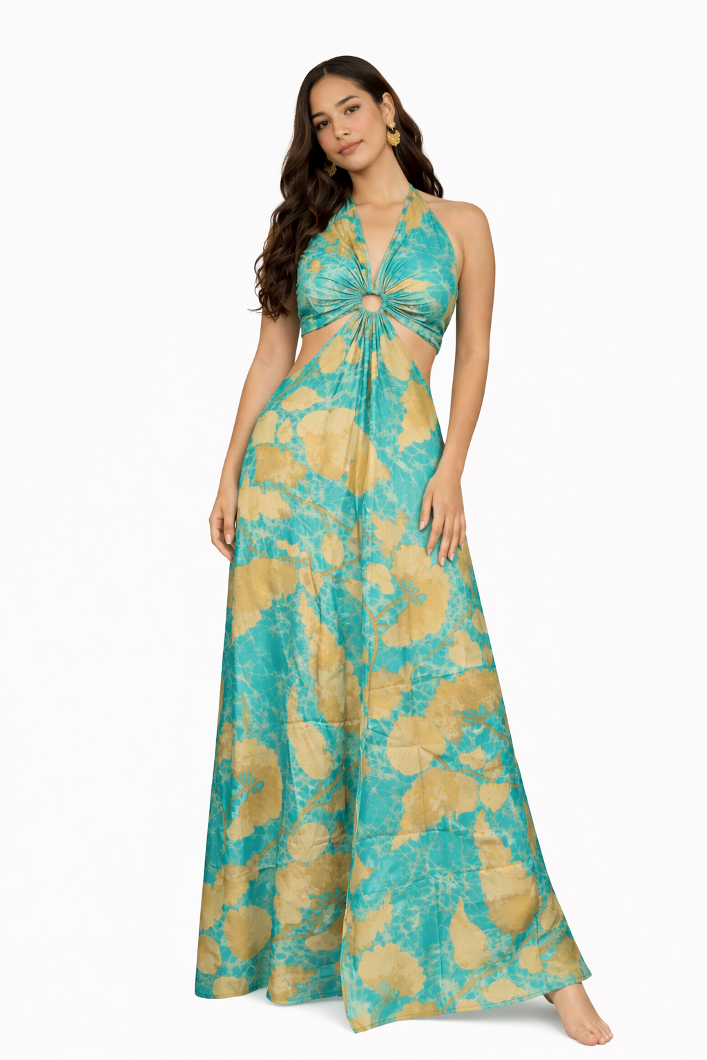 Teal Halter Cut-Out Maxi Dress