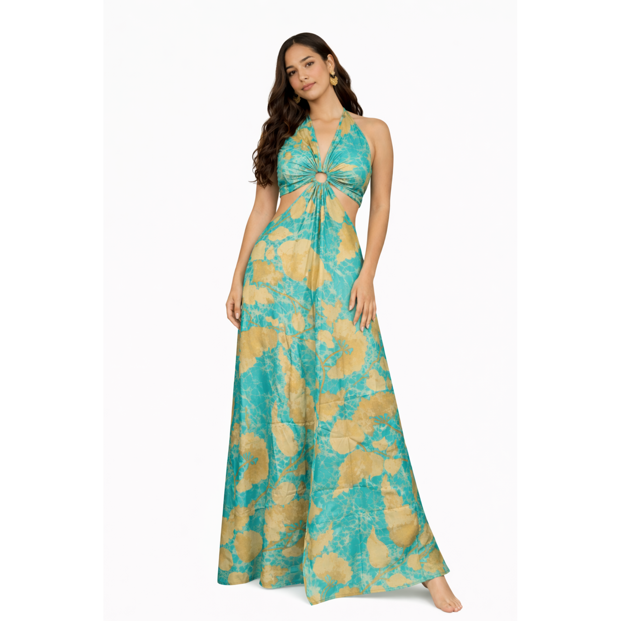 Teal Halter Cut-Out Maxi Dress