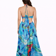 Blue Boho Dress, Halter Cut-Out Maxi Dress