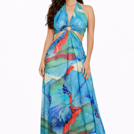 Woman wearing a colorful floral dress on a white background