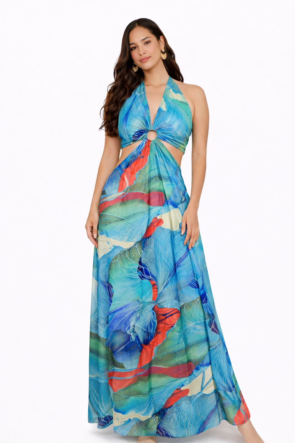 Woman wearing a colorful floral dress on a white background