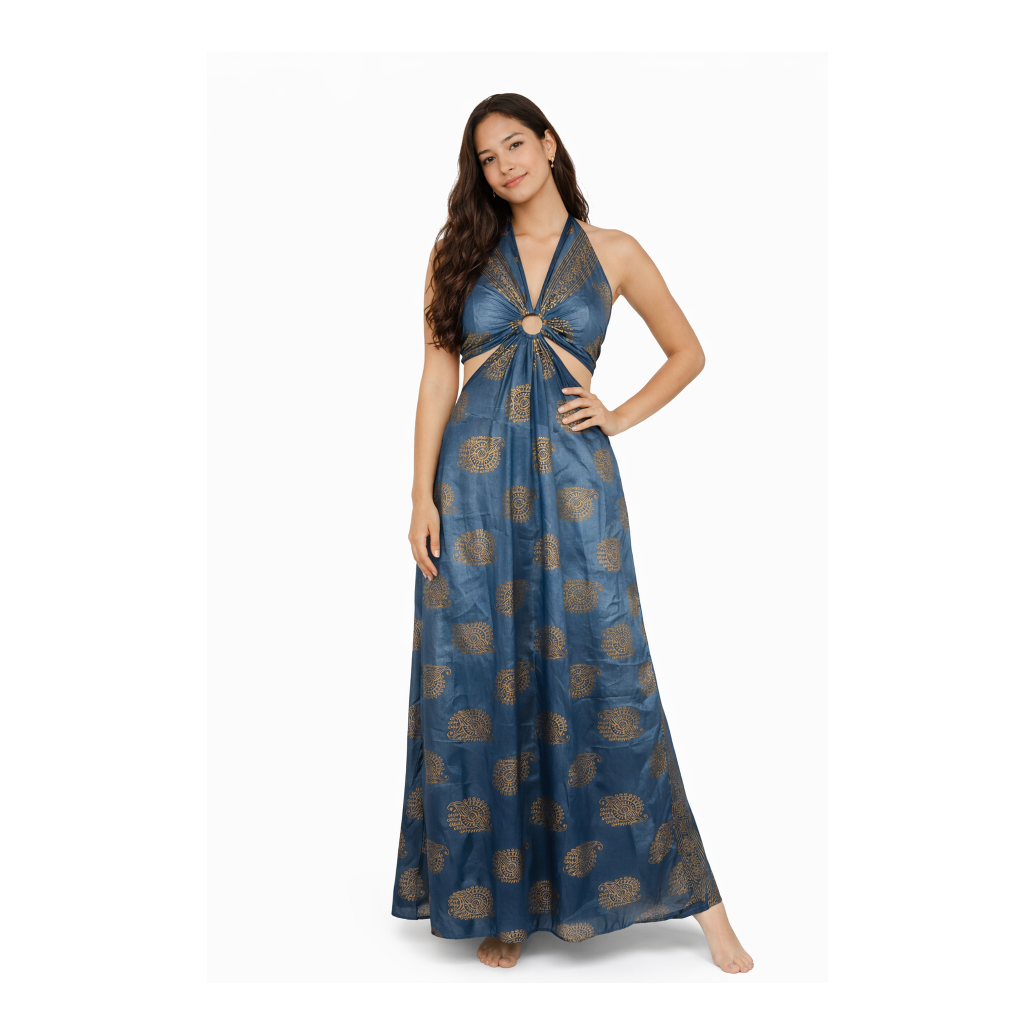 Woman wearing a blue patterned dress on a white background