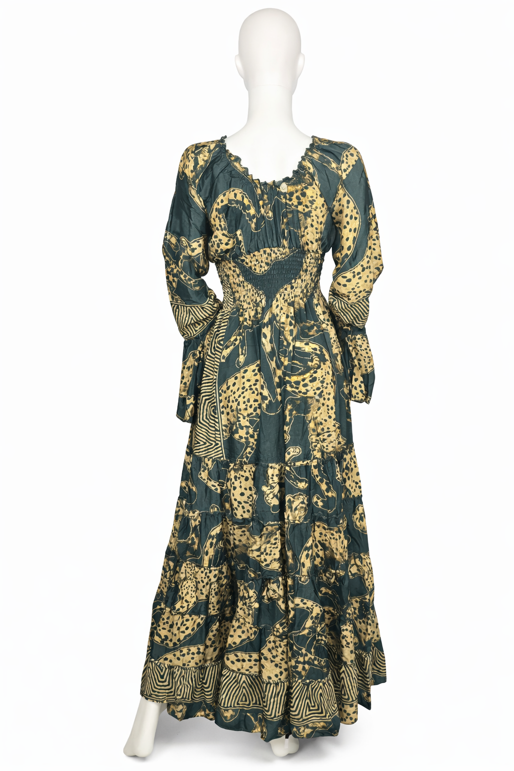 Green & Gold Leopard Print Flowy Long Dress