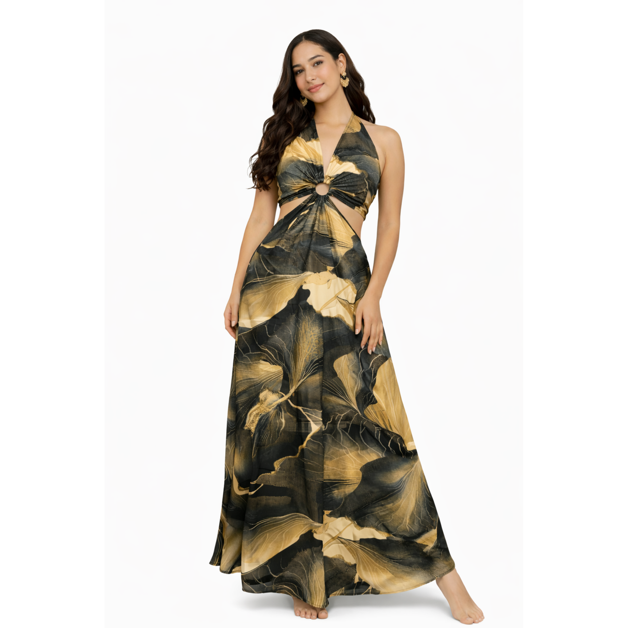 Woman wearing a floral dress on a white background