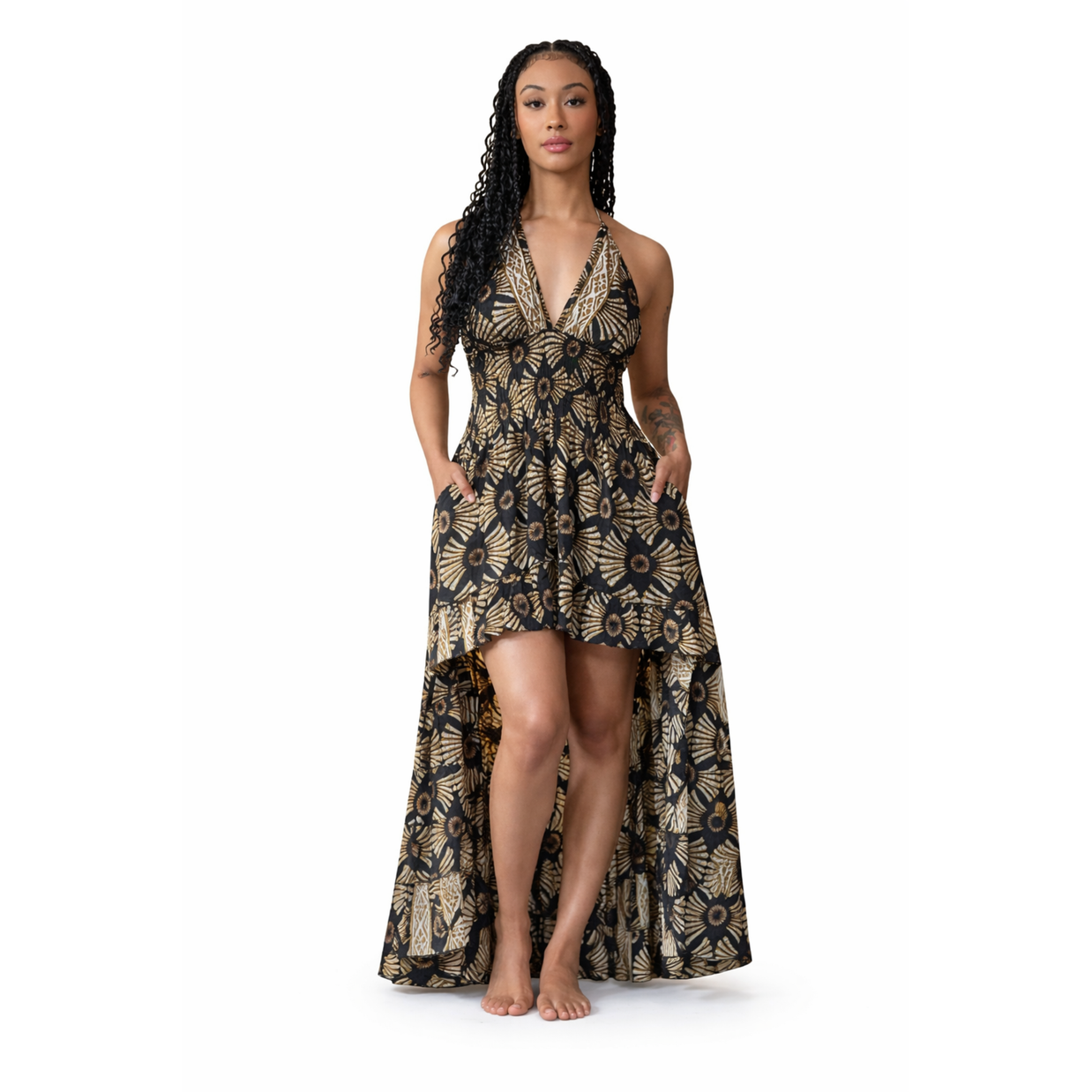 Woman wearing a floral dress on a white background