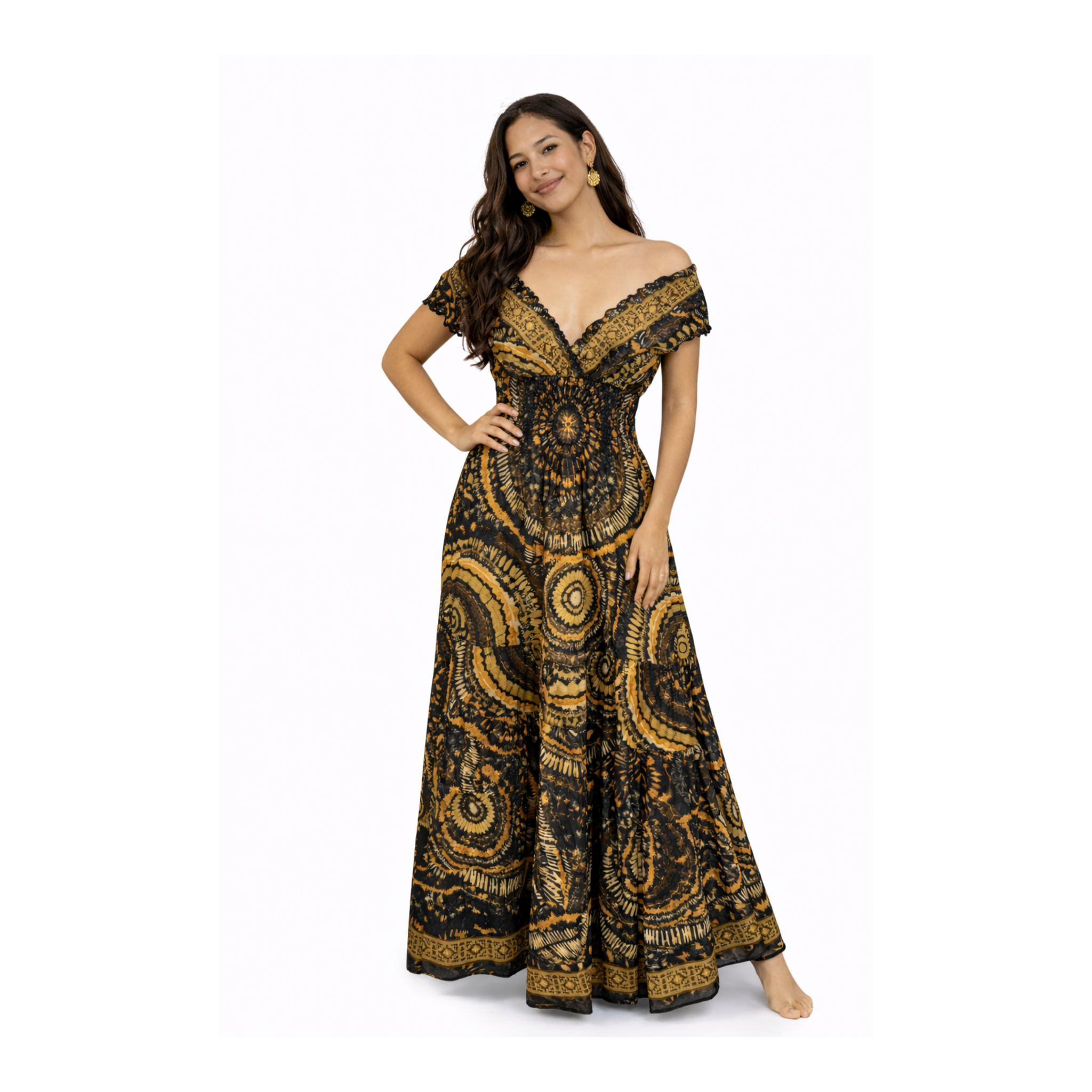Woman wearing a black and gold patterned off-shoulder dress on a white background