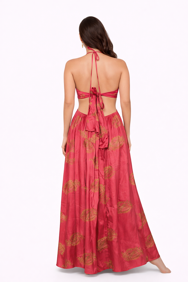 Pink Boho Dress, Halter Cut-Out Maxi Dress