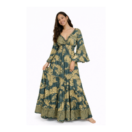 Green & Gold Leopard Print Flowy Long Dress