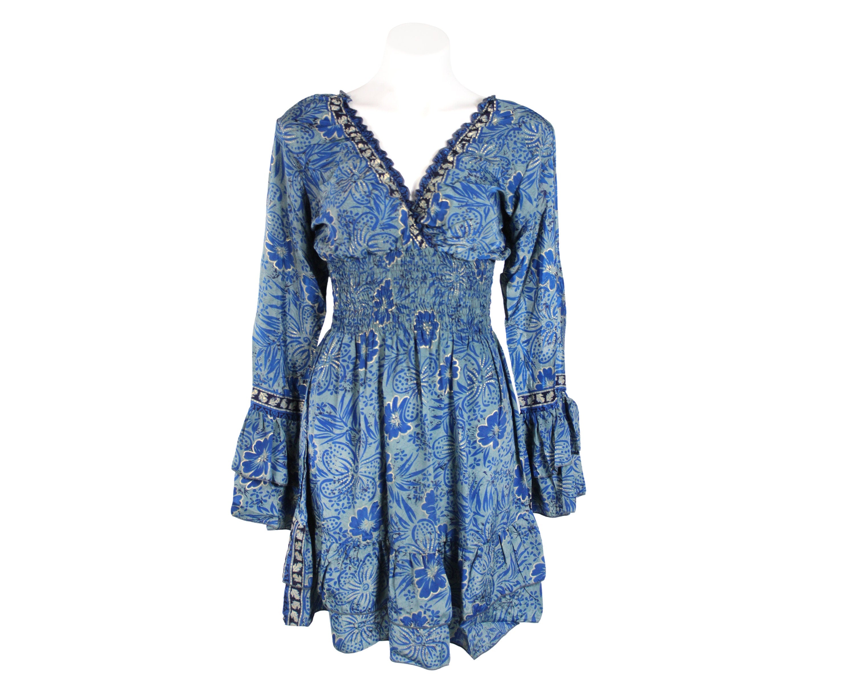 Women's Long Sleeve Ruffle Casual Boho Elastic Waist Mini Silk Dress, Bohemian Short ruffle dress, Party Dress, Cute Mini Dress