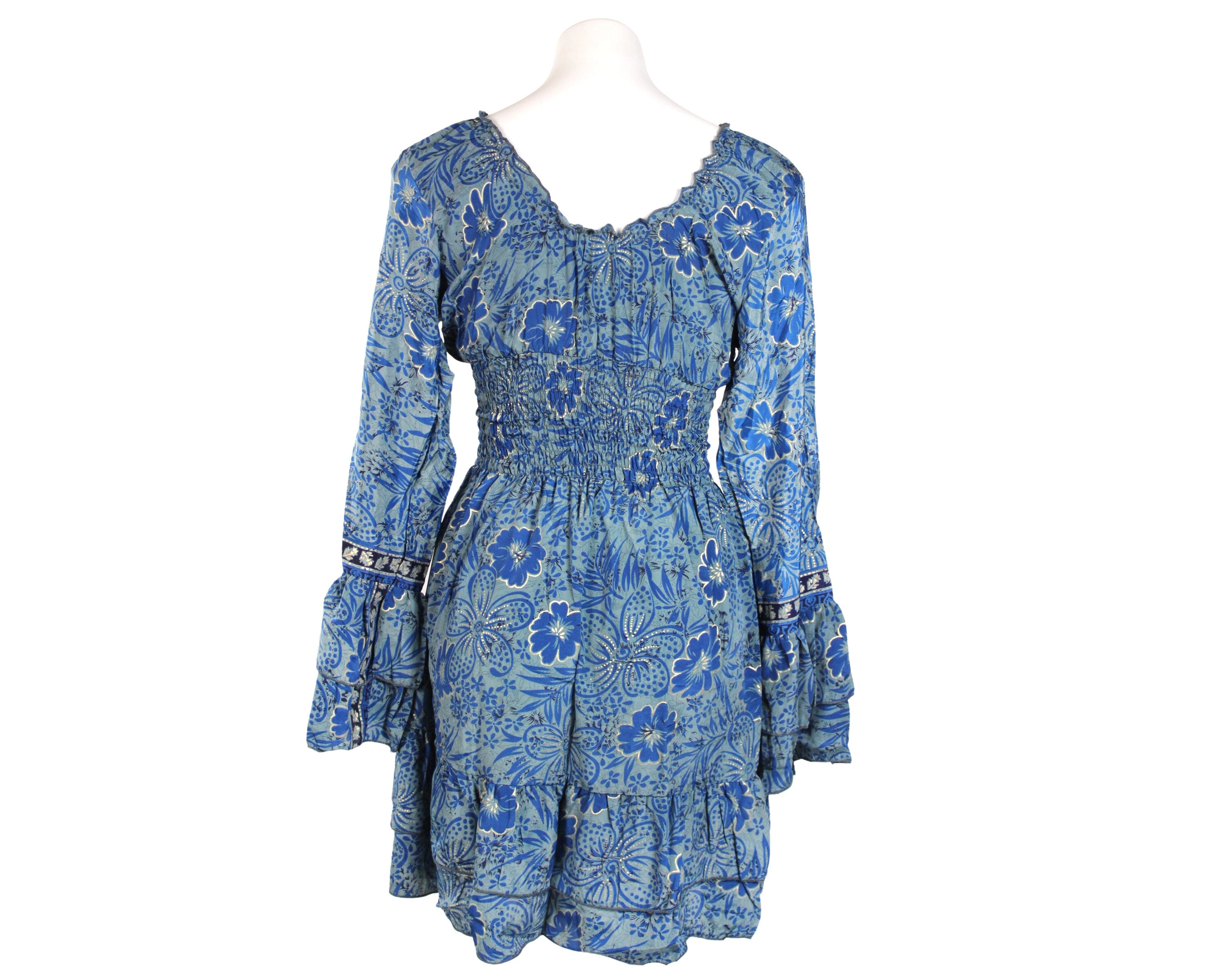 Women's Long Sleeve Ruffle Casual Boho Elastic Waist Mini Silk Dress, Bohemian Short ruffle dress, Party Dress, Cute Mini Dress