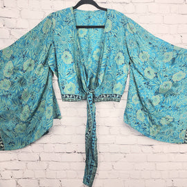 70's Boho Wrap Crop Top/Bell Sleeve Crop Top/Tie front bell sleeve top/festival crop top/front tie front or back crop/Beach top/ Party Top