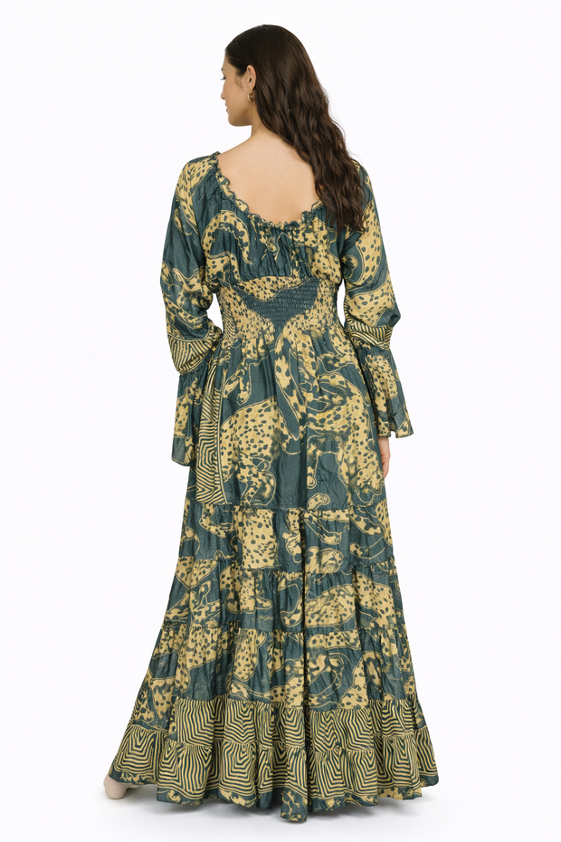Green & Gold Leopard Print Flowy Long Dress