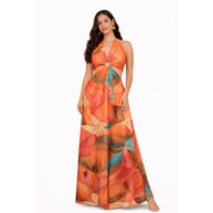 Woman wearing an orange floral dress on a white background