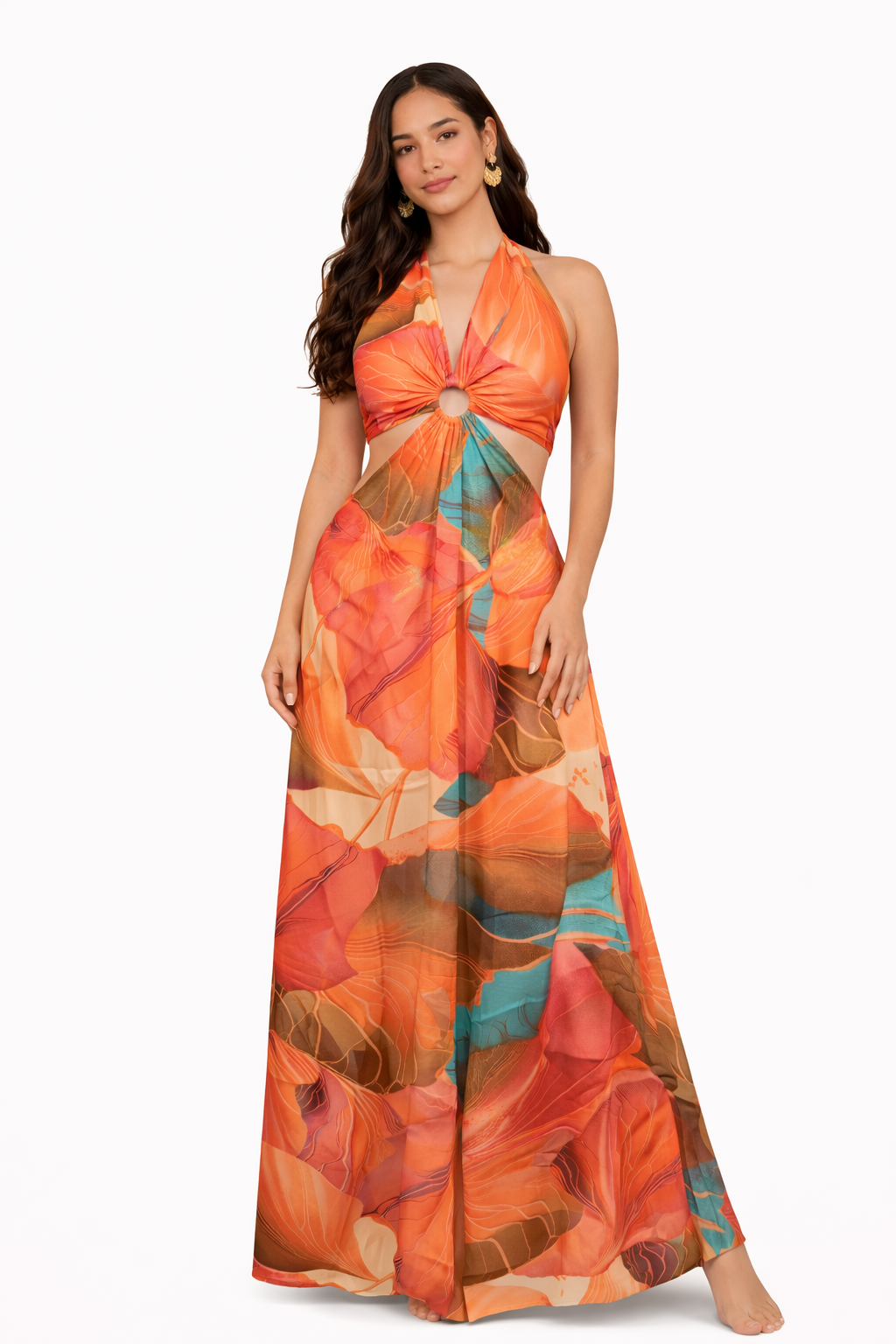 Woman wearing an orange floral dress on a white background