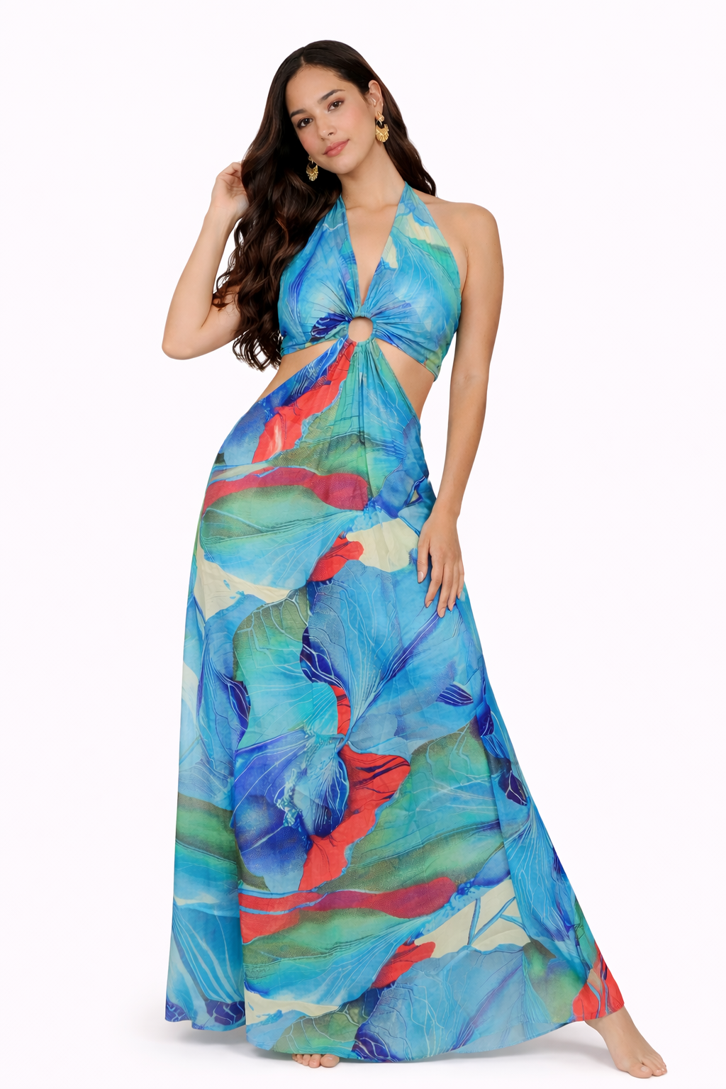 Blue Boho Dress, Halter Cut-Out Maxi Dress