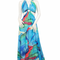 Blue Boho Dress, Halter Cut-Out Maxi Dress
