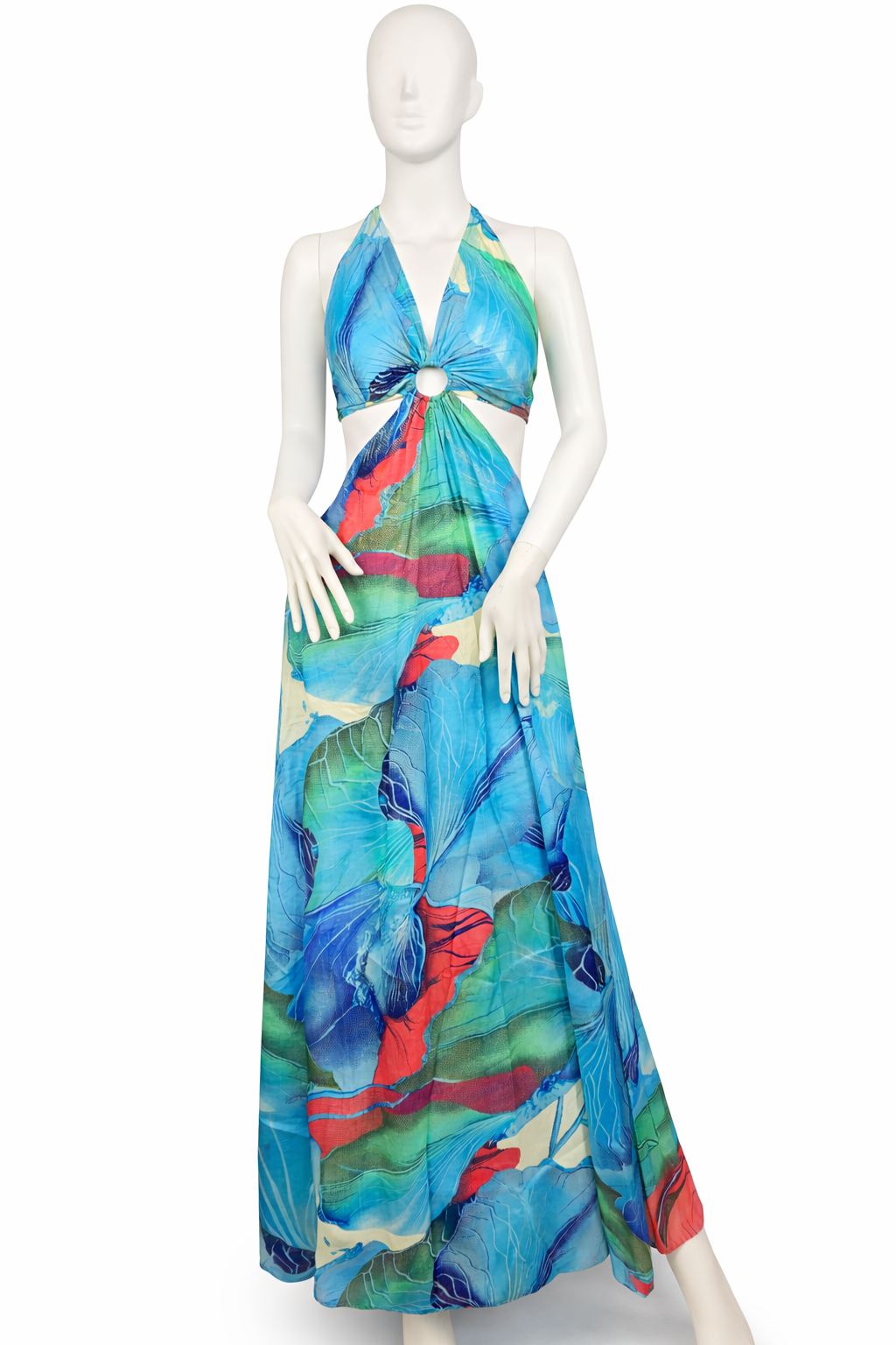 Blue Boho Dress, Halter Cut-Out Maxi Dress