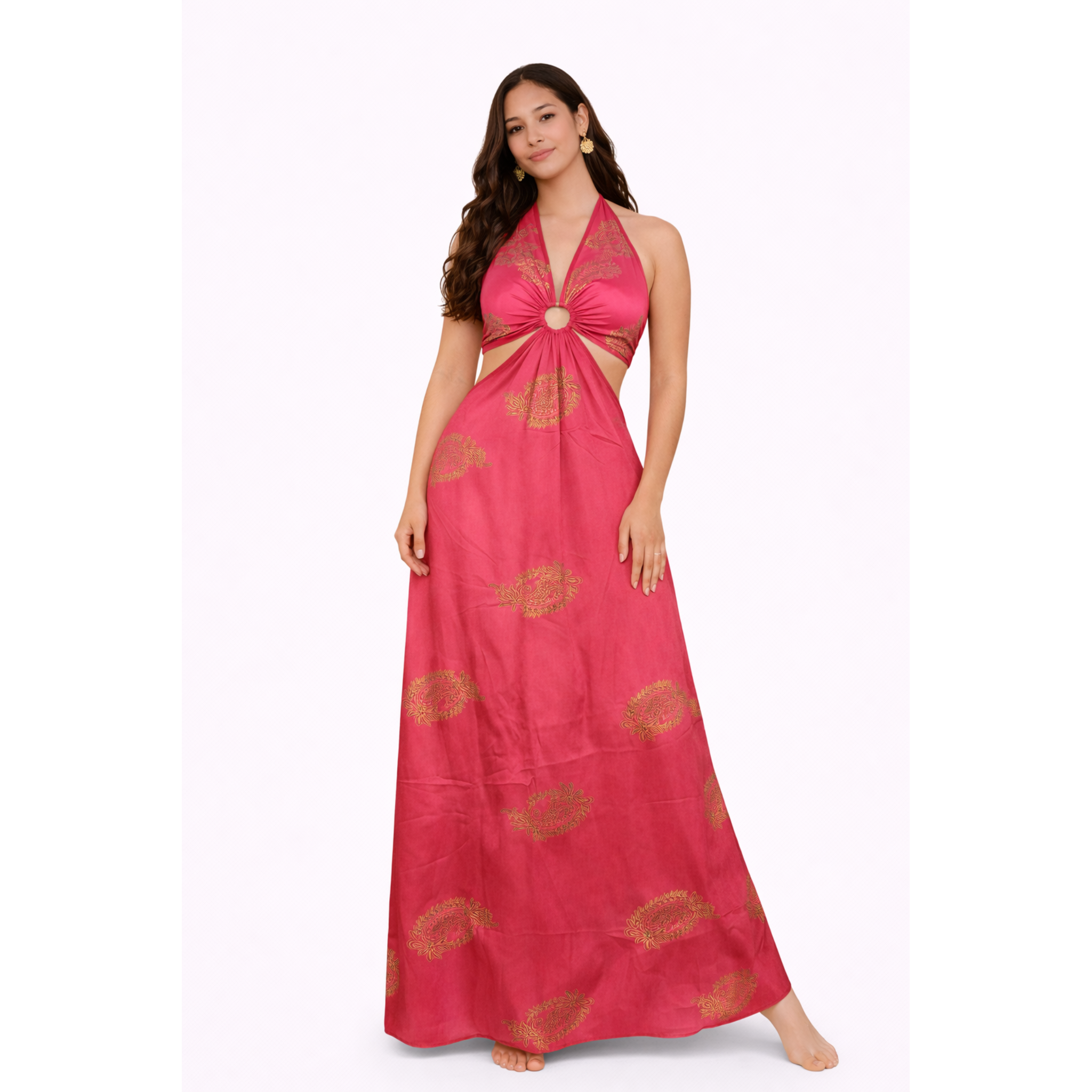 Pink Boho Dress, Halter Cut-Out Maxi Dress