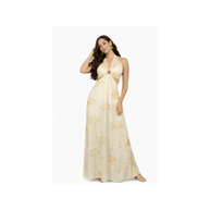 Woman wearing a floral dress on a white background
