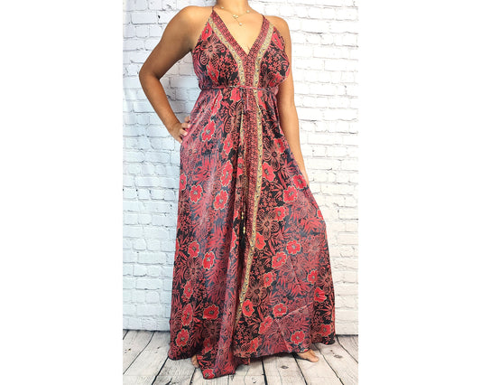 Red Boho Dress Women, Bohemian Low Back Casual Maxi Dress, Long Tiered Flowy Versatile Dress, Summer Party Festival Clothes, Gypsy